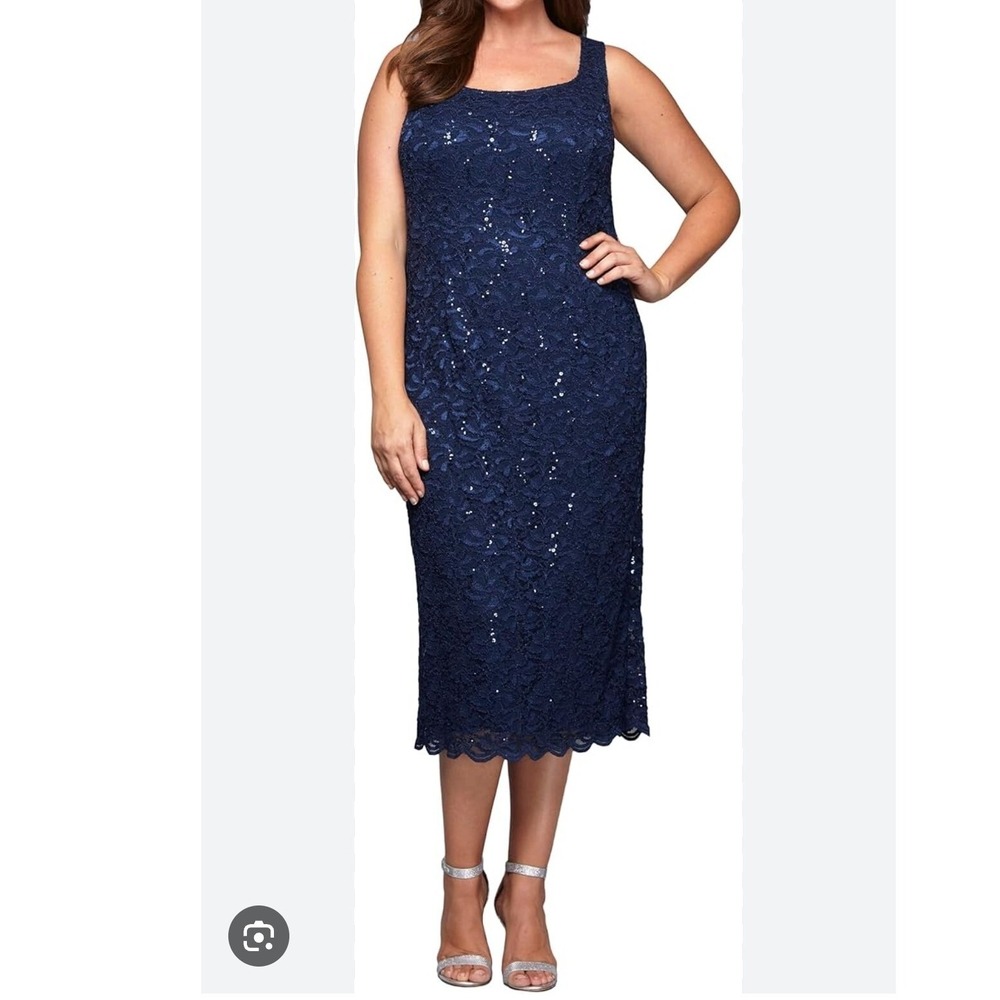 Alex Evenings Vintage Shimmer‎ Lace Formal Party Cocktail Sleeveless Navy Sz 22W